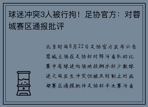 球迷冲突3人被行拘！足协官方：对蓉城赛区通报批评